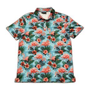 Yatta Golf Polo Shirt Mens Medium Flamingo Floral Palm Hawaiian Vacation Stretch